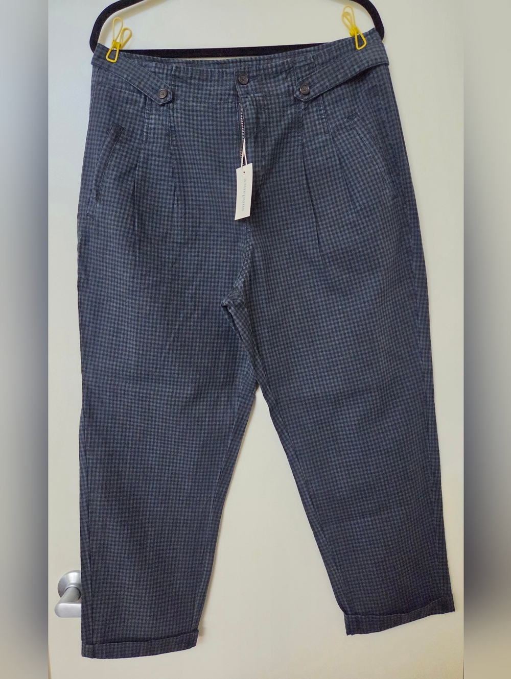 Sundance Dark Blue Gingham Checkered Women Trousers Pants Size 12 NWT